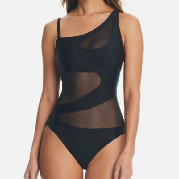 NWT! Bar III Black Natural Beauty Mesh Inset One Shoulder One Piece Swimsuit NEW - Picture 2 of 4